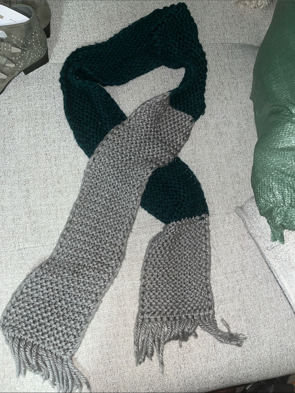 Men's Two-Tone HANDMADE Knit Scarf in Dark Green and Gray